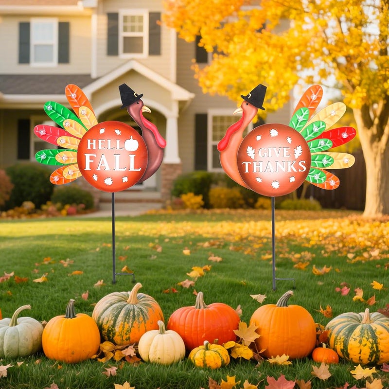 VCUTEKA Fall Yard Decor Outdoor Autumn Harvest Garden Stakes with LED Light Autumn Two Turkeys Yard Sign with Stakes Fall Thanksgiving Decoration for Home Outside Lawn Garden Holiday Decor - Image 5